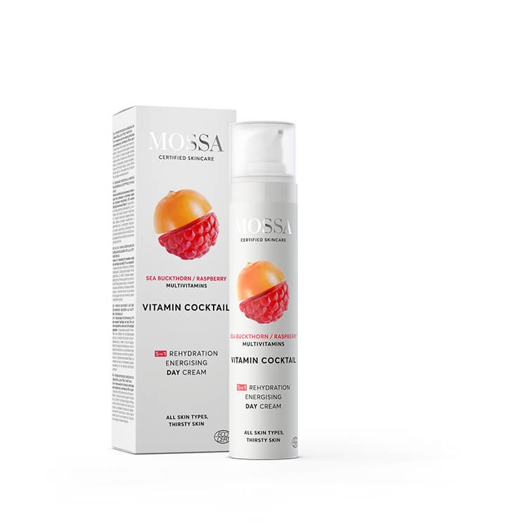 MossaVitaminCocktail5in1RehydrationEnergisingDayCreamförpackningochflaska